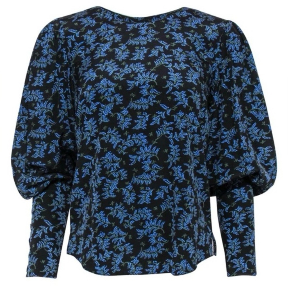 Veronica Beard Clarke Floral Button-Back 100% Silk Puff Sleeves Blouse Top, Sz 6
